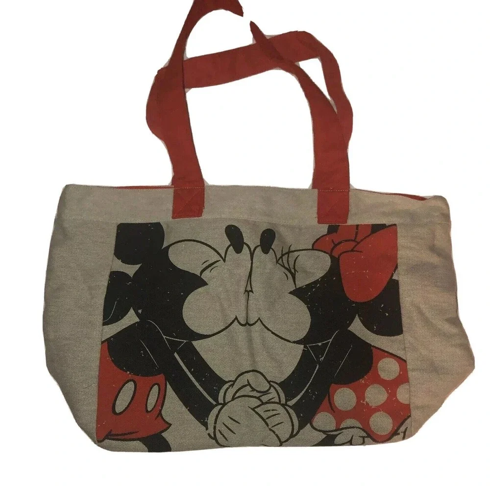 Disney Store Mickey & Minnie Mouse Canvas Tote Bag Logo Gray Black Red Graphic